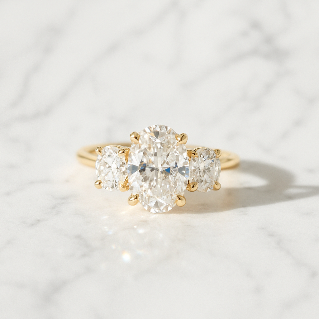 Oval Three Stone Ring | Lab Grown Diamond | 14K Yellow Gold Contemporary Design