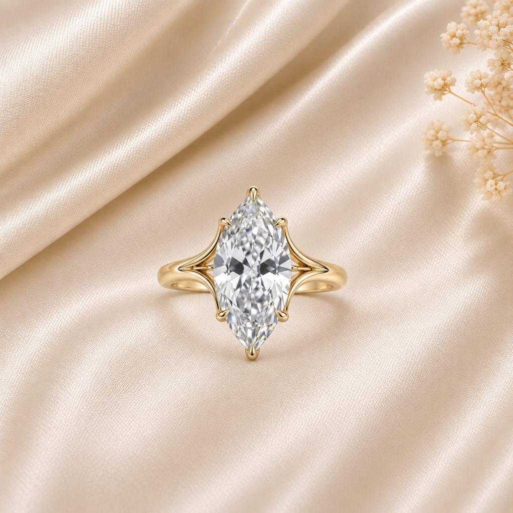 Lab Grown Diamond Ring, 3 Carat Marquise Step Cut Diamond, Marquise Engagement Ring, Unique Gold Ring, Custom Engagement Ring