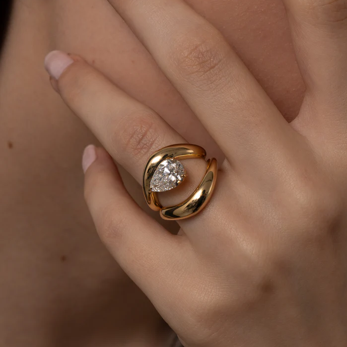 Pear Cut Wrap Twist Ring | Lab Grown Diamond | 14K Yellow Gold Smooth Modern Setting