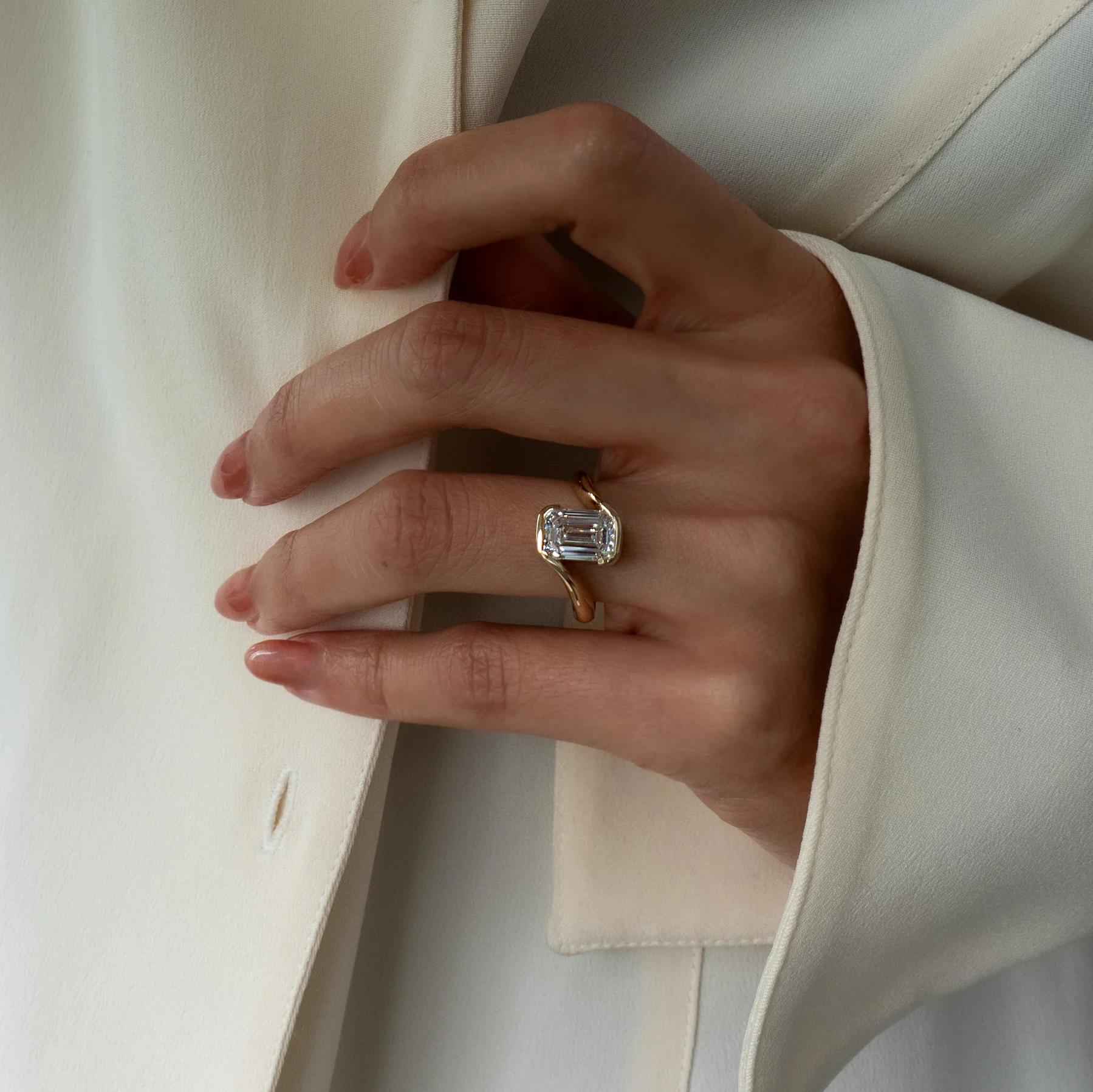 Modern Emerald Cut Bezel Bypass Ring | Lab Grown Diamond | 14K Yellow Gold