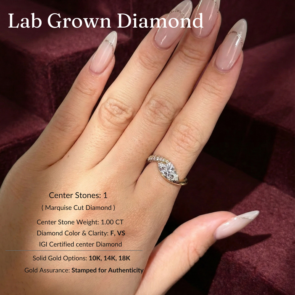 Marquise Lab Grown Diamond Engagement Ring, Modern Bypass Diamond Ring, 14K Yellow Gold Marquise Ring, Unique Diamond Engagement Ring