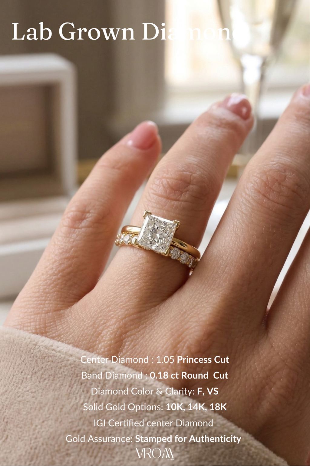 Princess Cut Diamond Stackable Ring, Two Band Diamond Ring, Lab Grown Diamond Engagement Ring, Minimal Pave Band Ring, Gold Bridal Ring