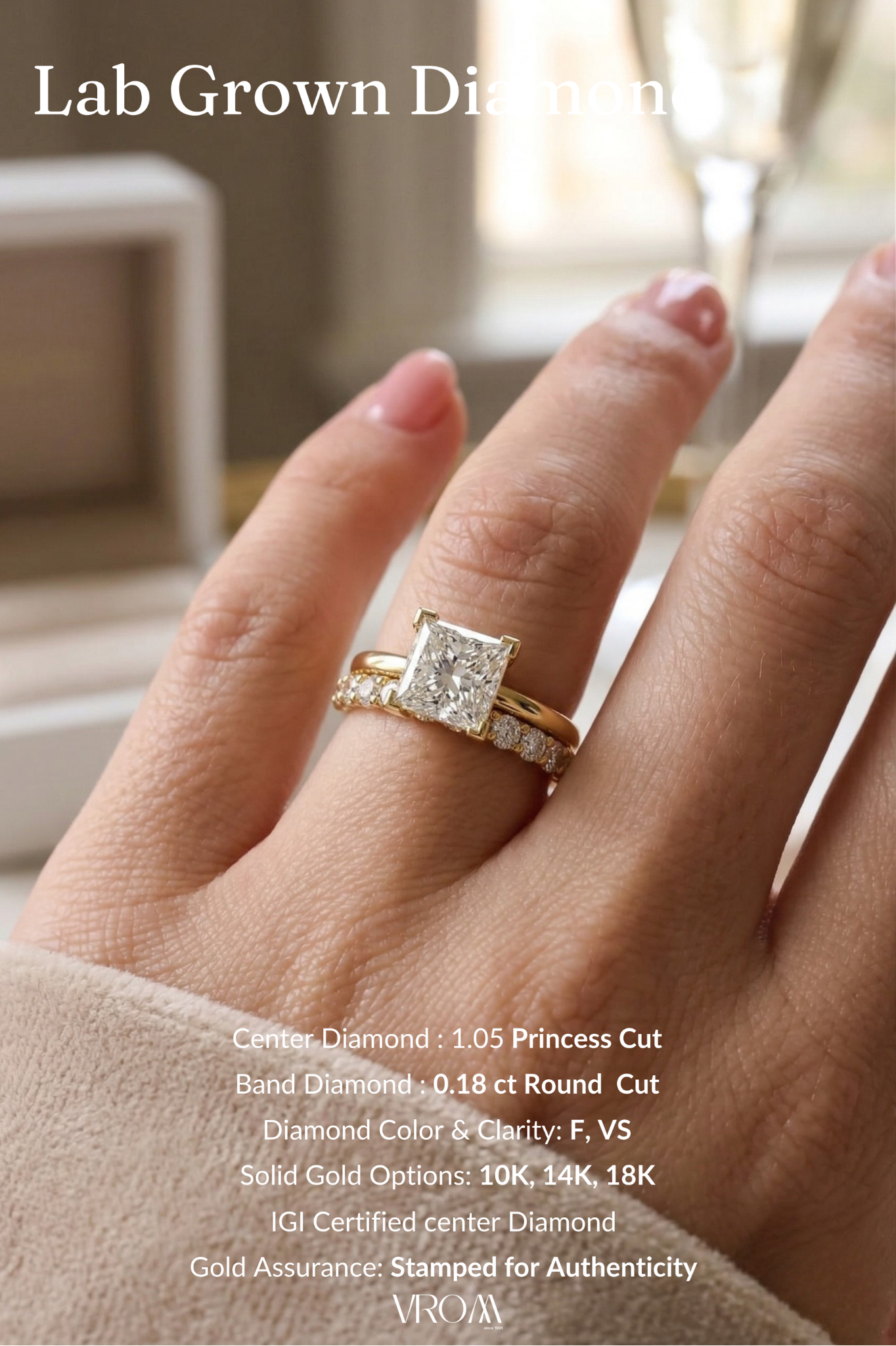 Princess Cut Diamond Stackable Ring, Two Band Diamond Ring, Lab Grown Diamond Engagement Ring, Minimal Pave Band Ring, Gold Bridal Ring