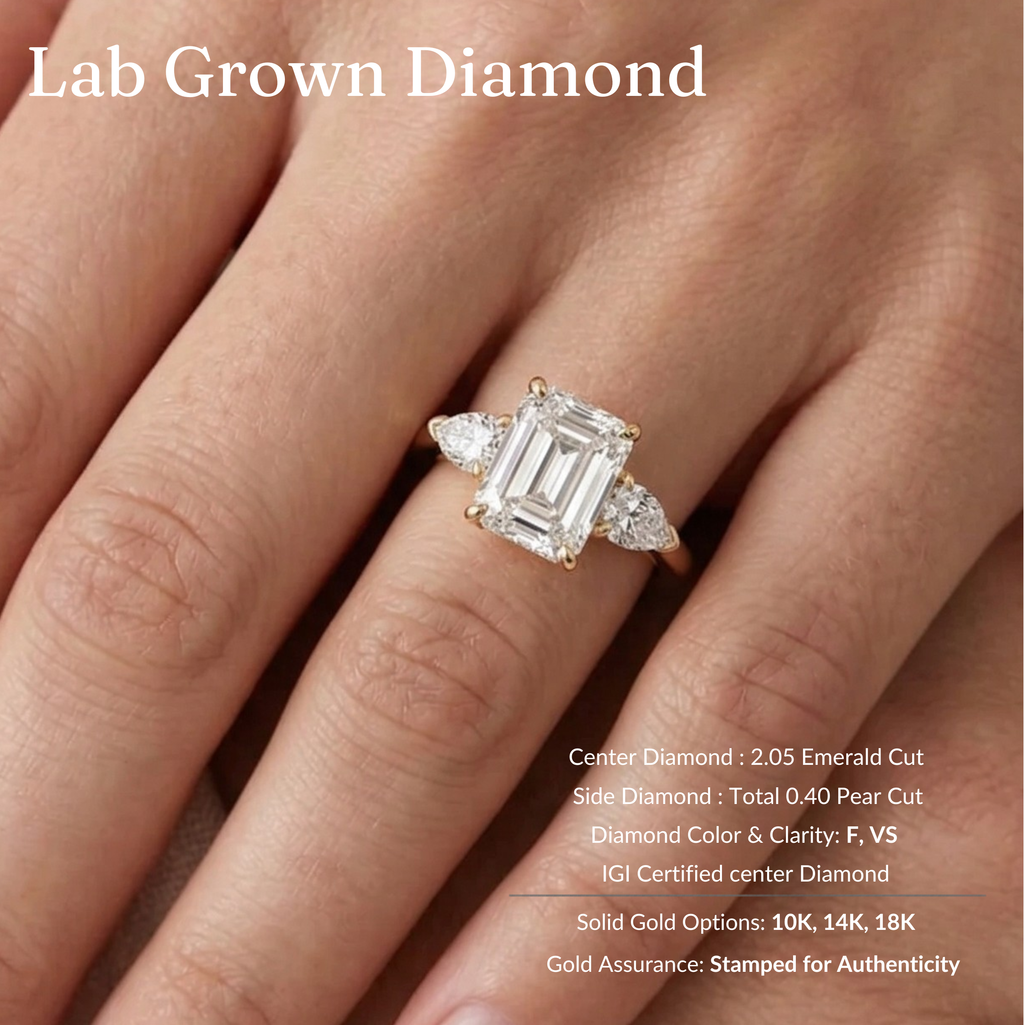 Emerald Cut Diamond Three Stone Ring, 2.05 Carat Emerald Diamond Ring with Pear Side Stones, Three Stone Engagement Ring, Gold Diamond Ring