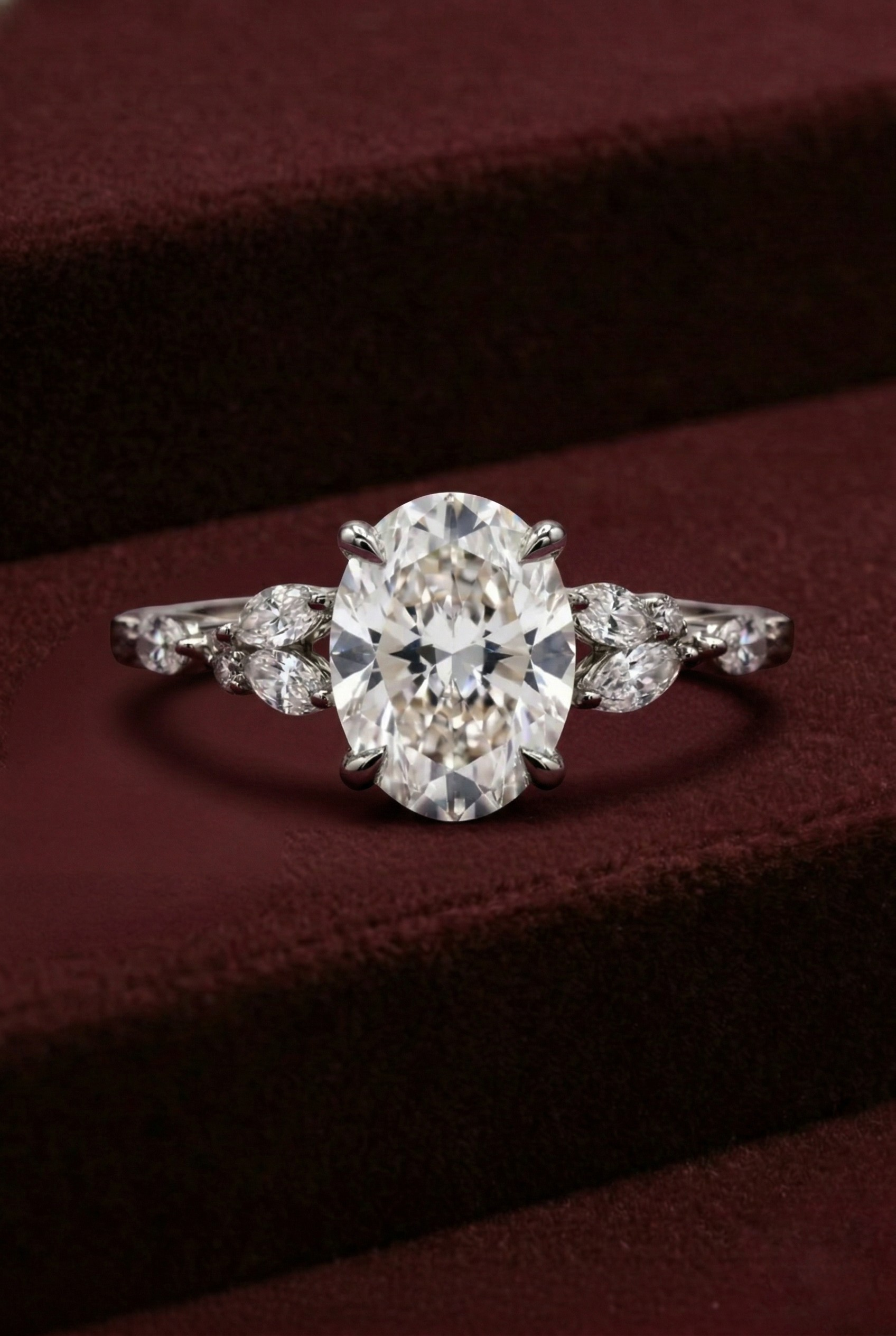 Oval Diamond Engagement Ring, Oval Cut Diamond Ring with Marquise & Round Side Diamonds, Diamond Accent Ring, Gold Diamond Ring
