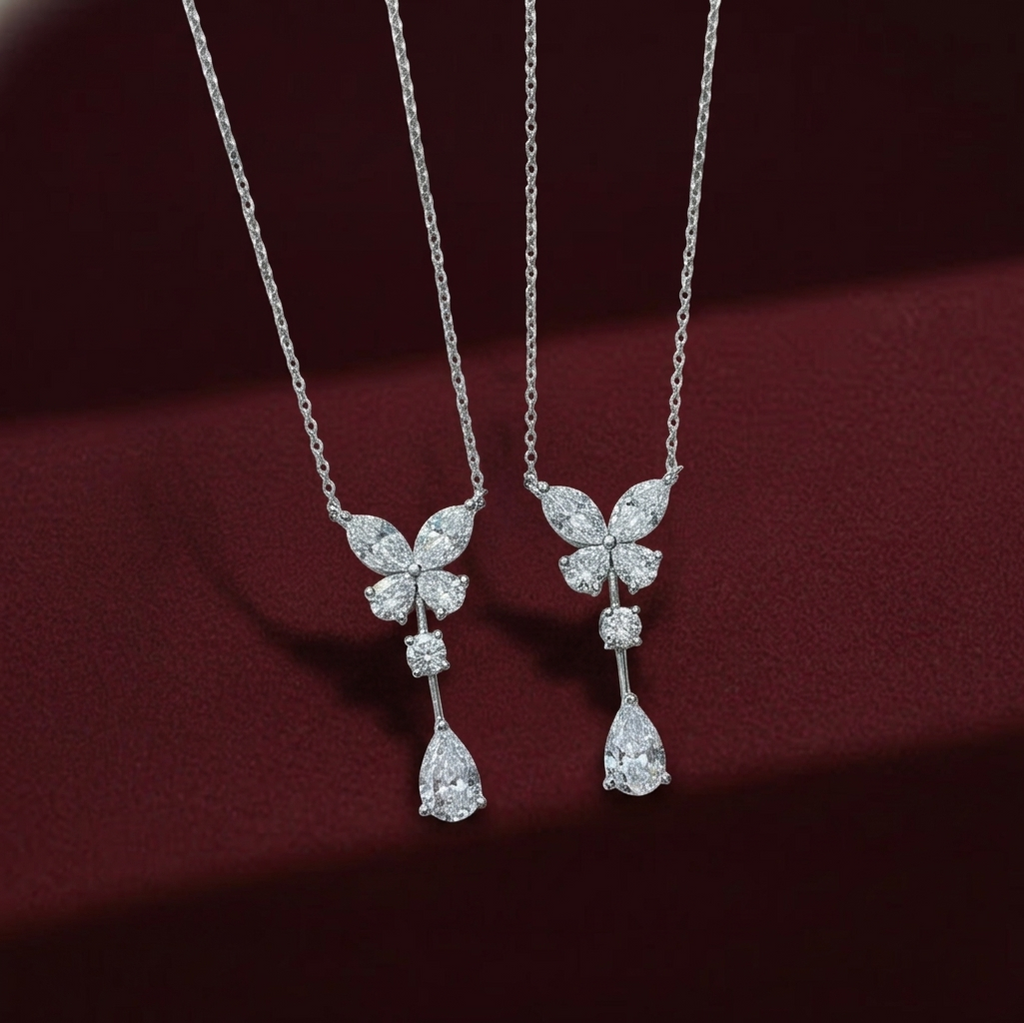 Butterfly Teardrop Dangle Pendant Necklace | Lab Grown Diamond | 14K Yellow Gold