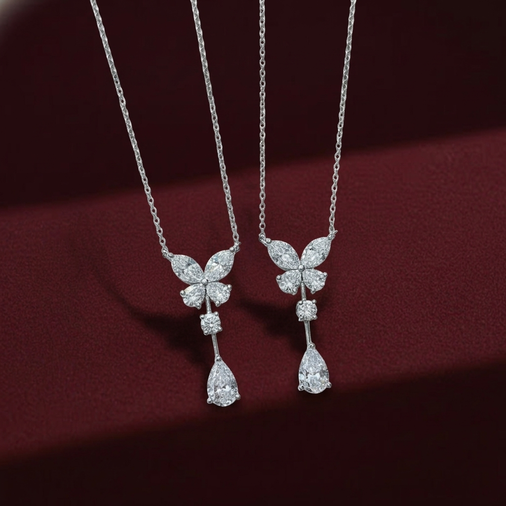 Butterfly Teardrop Dangle Pendant Necklace | Lab Grown Diamond | 14K Yellow Gold