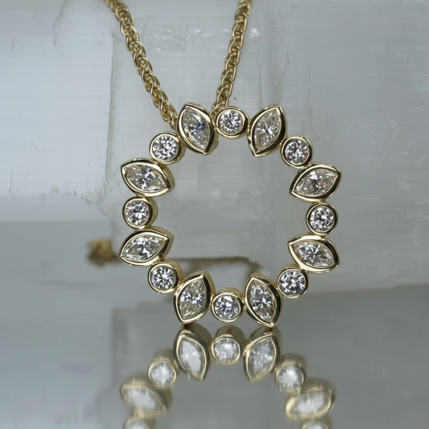 Eternity Harmony Circle Pendant Necklace Round and Marquise | Lab Grown Diamond | 14K Yellow Gold