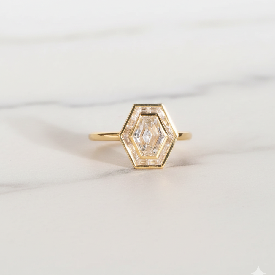 Hexagon Step Cut Ring with Baguette Halo | Lab Grown Diamond | 14K Yellow Gold Geometric Design