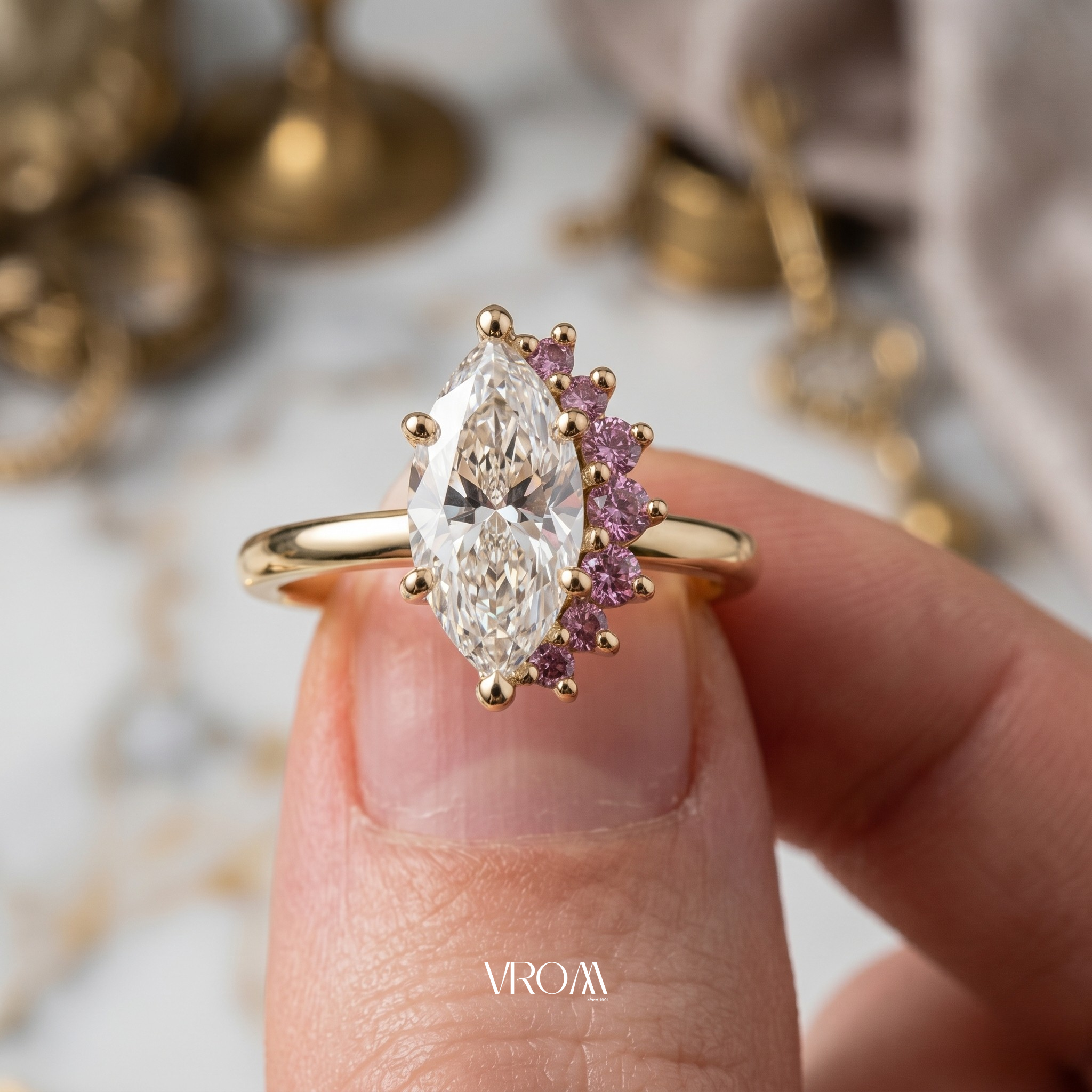 Marquise Lab Grown Diamond & Pink Sapphire Two Stone Ring in 14K or 18K Gold