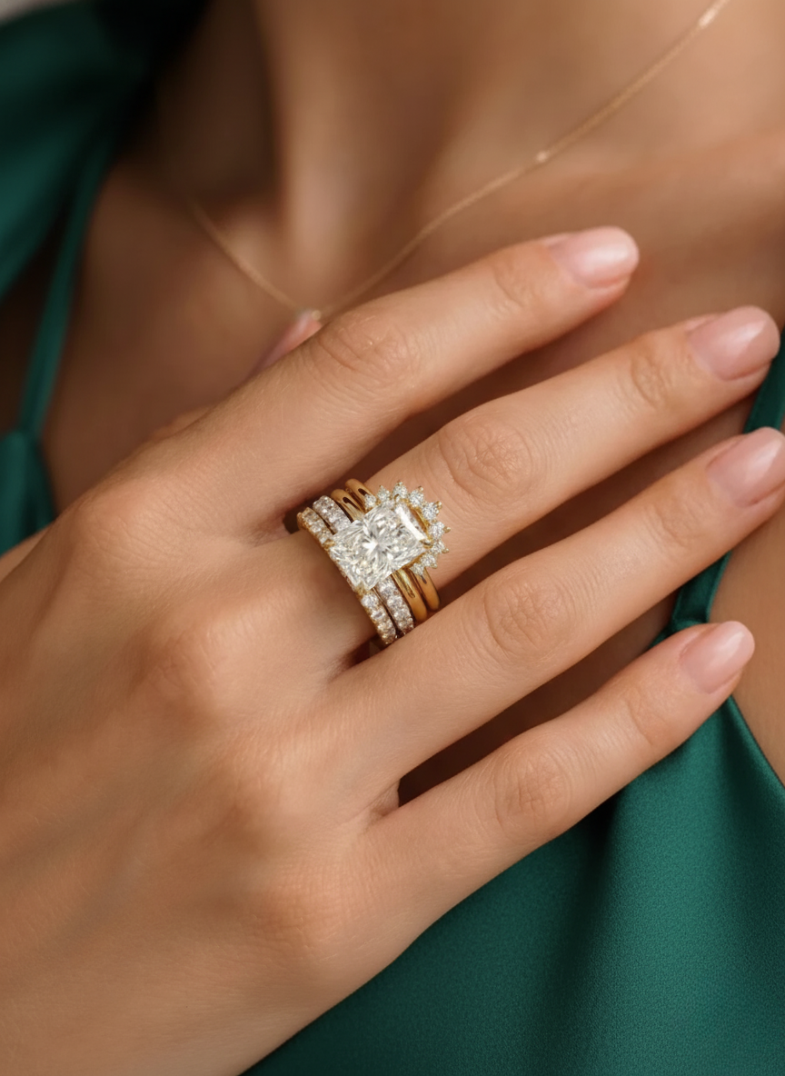 Radiant Diamond Stackable Ring, Four Band Diamond Ring, Statement Engagement Ring, Lab Grown Diamond Ring, Multi Band Bridal Ring