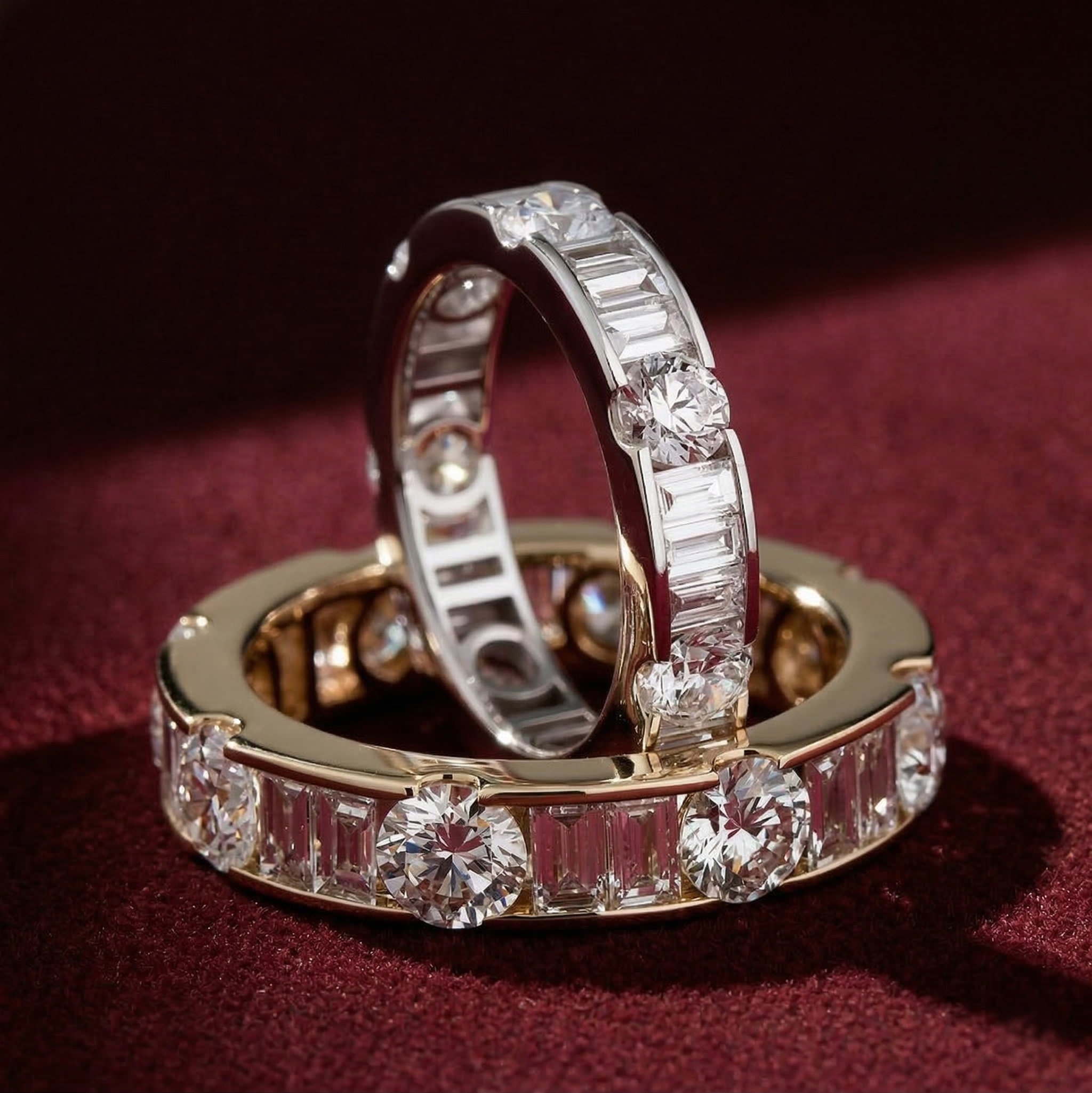 Lab Grown Diamond Eternity Band: 14K Gold Alternating Round & Baguette Anniversary Ring