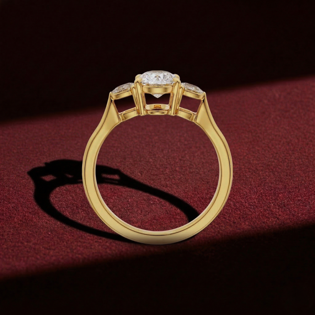 Oval Lab Grown Diamond Engagement Ring with Pear Side Stones in Solid 14K Gold