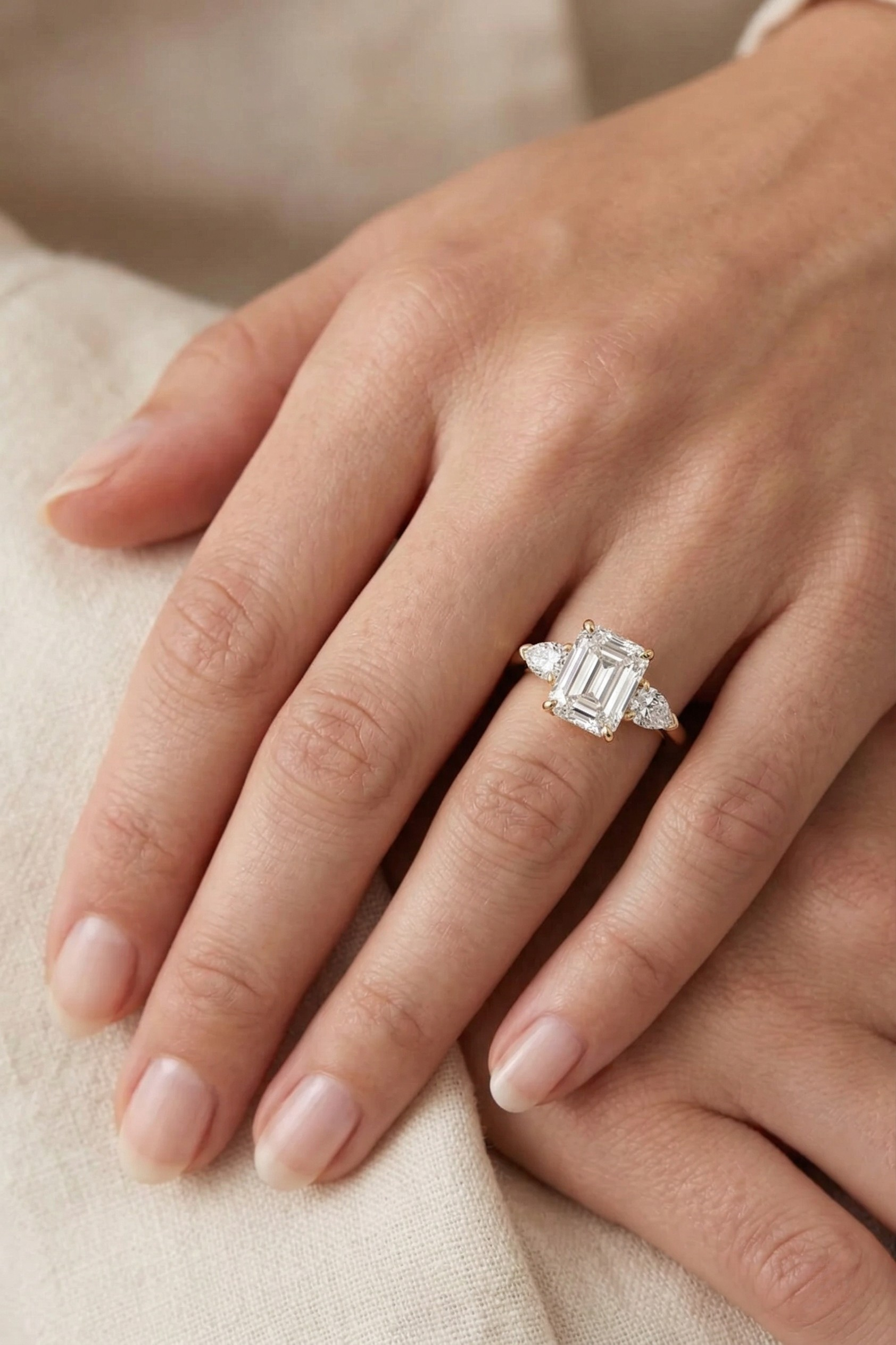 Emerald Cut Diamond Three Stone Ring, 2.05 Carat Emerald Diamond Ring with Pear Side Stones, Three Stone Engagement Ring, Gold Diamond Ring