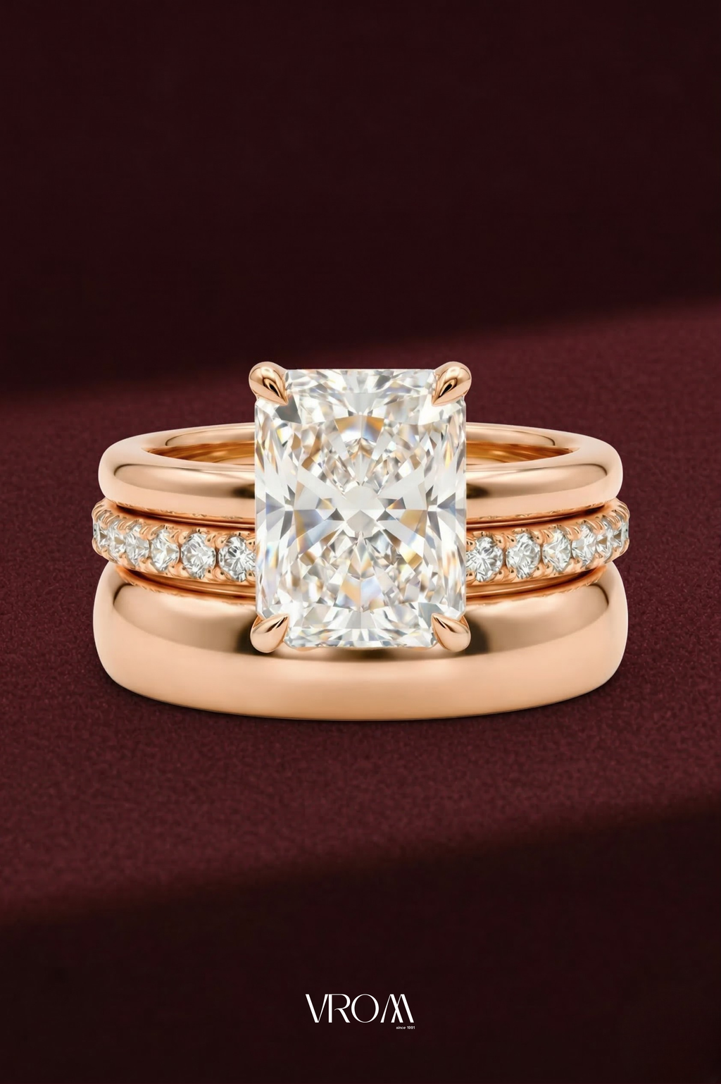 Radiant Diamond Stackable Ring, Mixed Metal Engagement Ring, Three Band Diamond Ring, Lab Grown Diamond Ring, White and Yellow Gold Ring