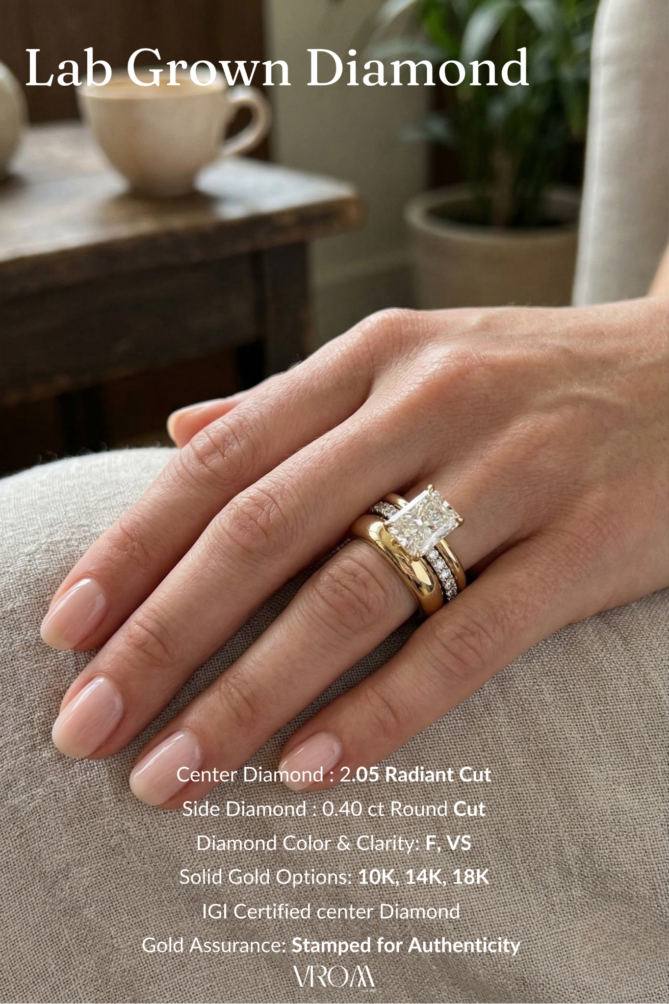 Radiant Diamond Stackable Ring, Mixed Metal Engagement Ring, Three Band Diamond Ring, Lab Grown Diamond Ring, White and Yellow Gold Ring