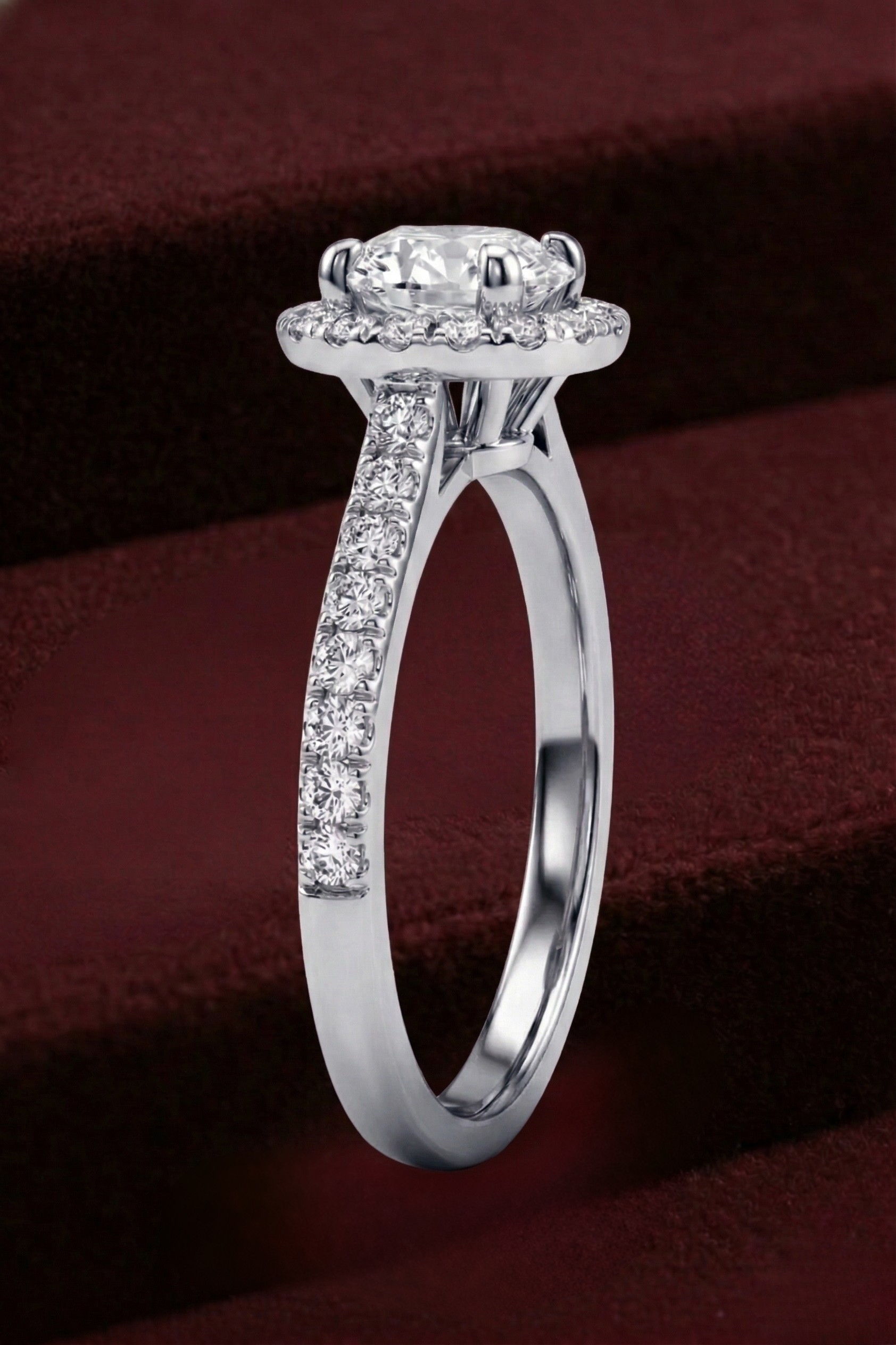Round Diamond Halo Engagement Ring, Round Cut Diamond Ring with Pave Band, Tiger Prong Diamond Ring, Halo Diamond Ring, Gold Engagement Ring