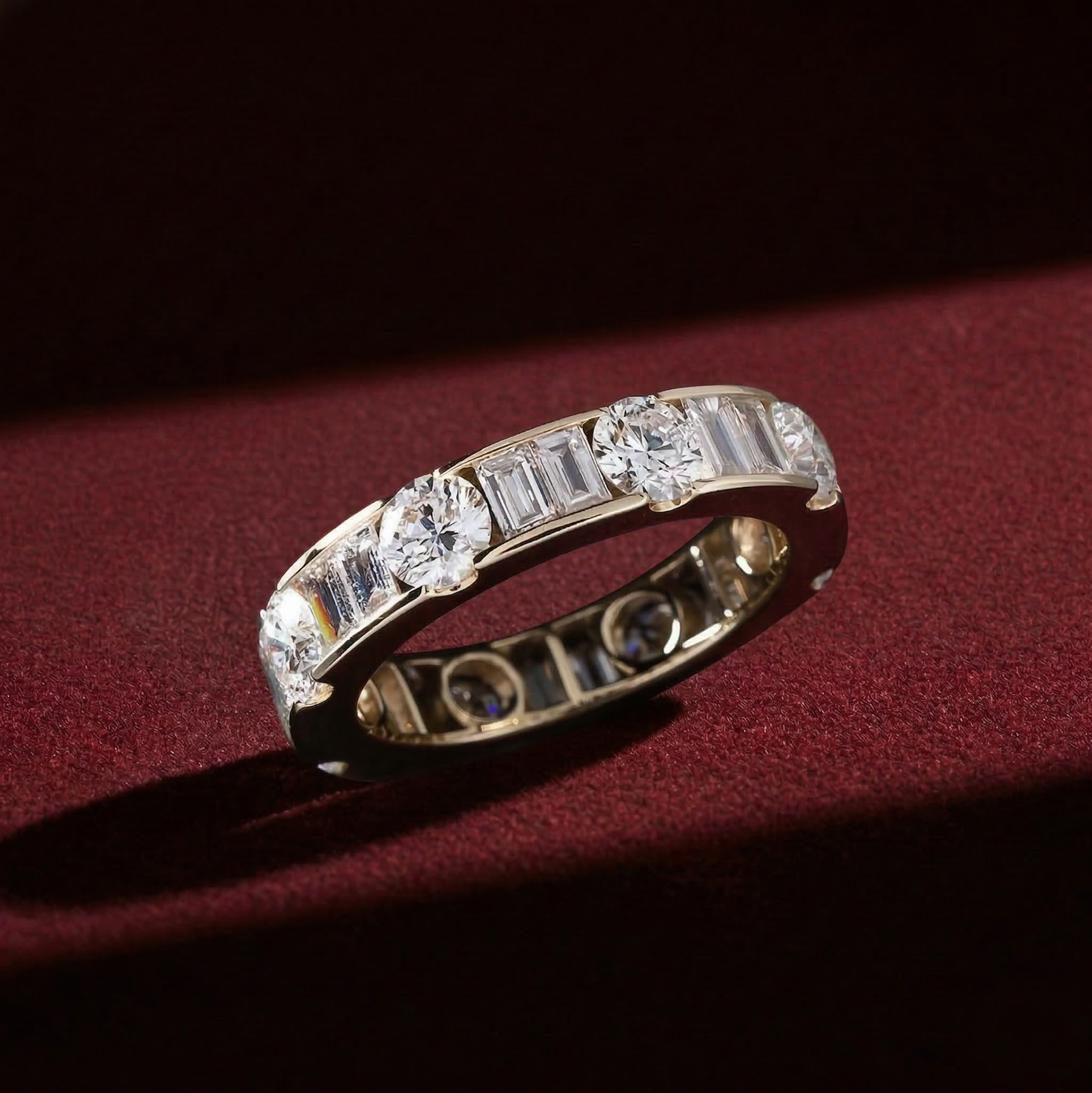 Lab Grown Diamond Eternity Band: 14K Gold Alternating Round & Baguette Anniversary Ring