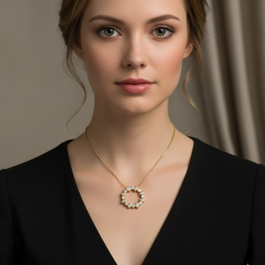 Eternity Harmony Circle Pendant Necklace Round and Marquise | Lab Grown Diamond | 14K Yellow Gold