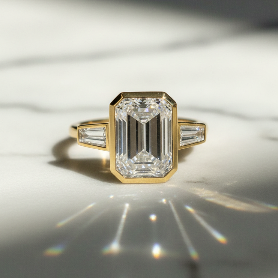 Modern Emerald and Tapered Baguette 3 Stone Bezel Engagement Ring | Lab Grown Diamond | 14K Yellow Gold