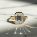 Modern Emerald and Tapered Baguette 3 Stone Bezel Engagement Ring | Lab Grown Diamond | 14K Yellow Gold