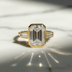 Modern Emerald and Tapered Baguette 3 Stone Bezel Engagement Ring | Lab Grown Diamond | 14K Yellow Gold