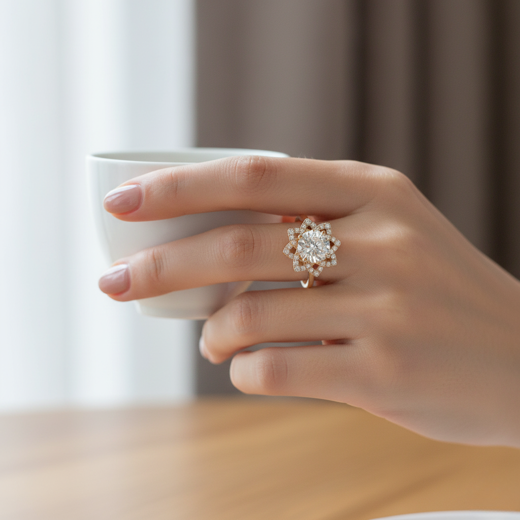 1.5ct Lab Grown Diamond Engagement Ring: 14K Gold Starburst Halo