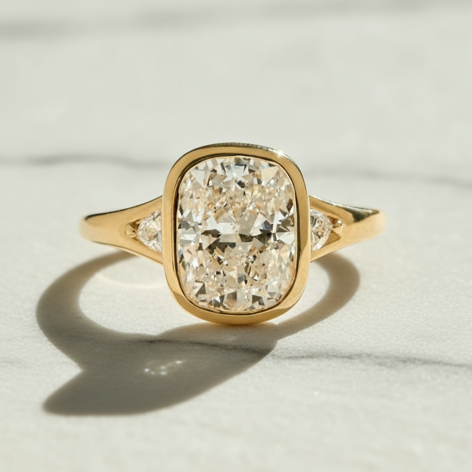 Modern Cushion Bezel Setting Engagement Ring with Triangle Accent | Lab Grown Diamond | 14K Yellow Gold