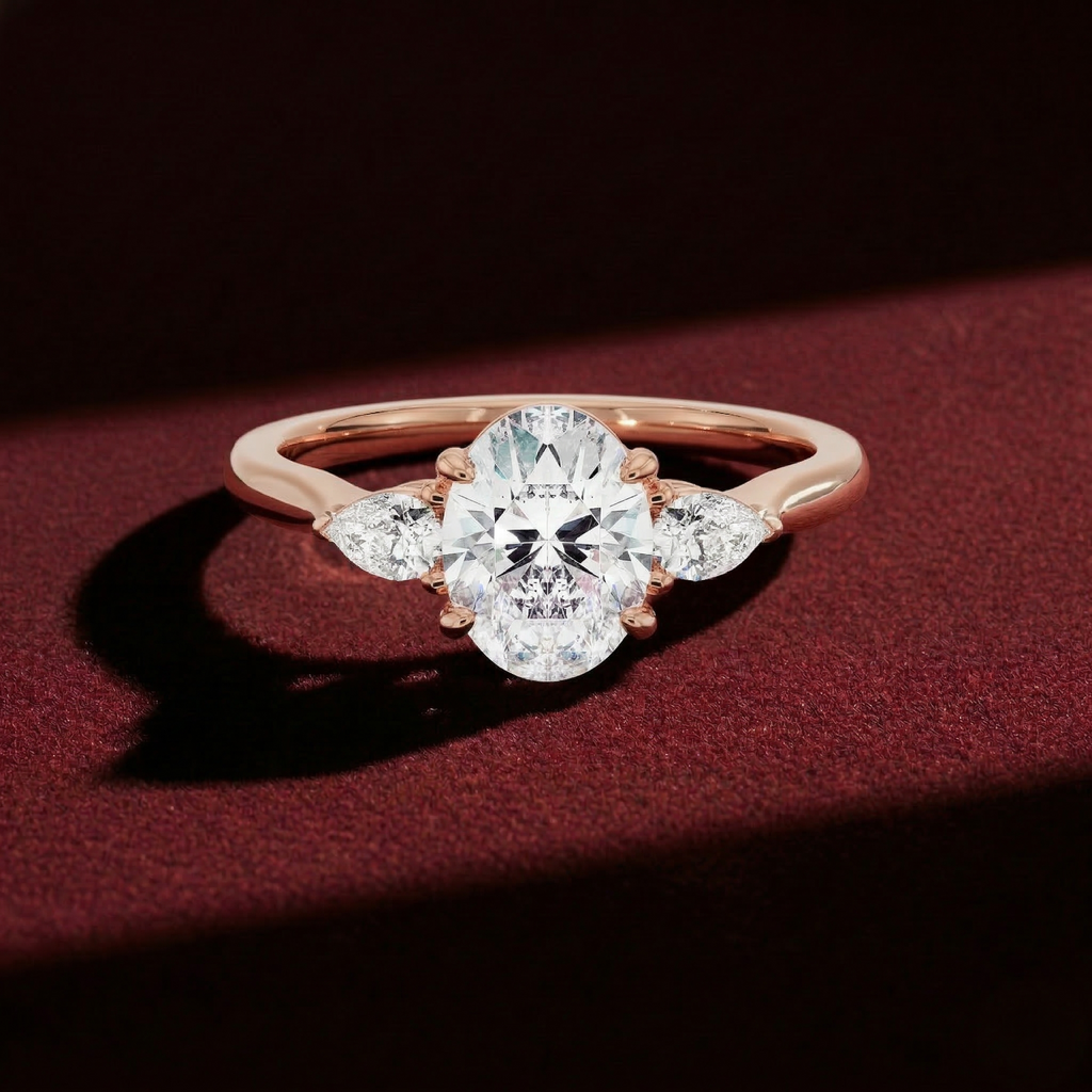 Oval Lab Grown Diamond Engagement Ring with Pear Side Stones in Solid 14K Gold