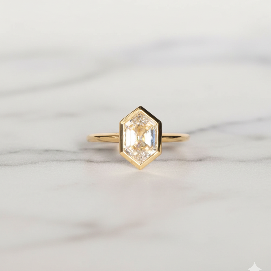 Unique Hexagon Shaped Diamond Ring | Lab Grown Diamond | 14K Yellow Gold Minimal Style