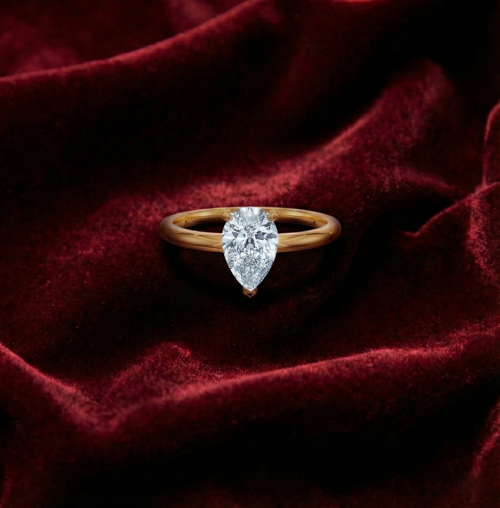 Pear Cut Lab Grown Diamond Solitaire Engagement Ring in Solid 14K Gold