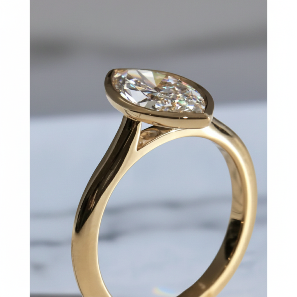1.00 CT Lab Grown Marquise Diamond Ring: 14k Gold Bezel Solitaire