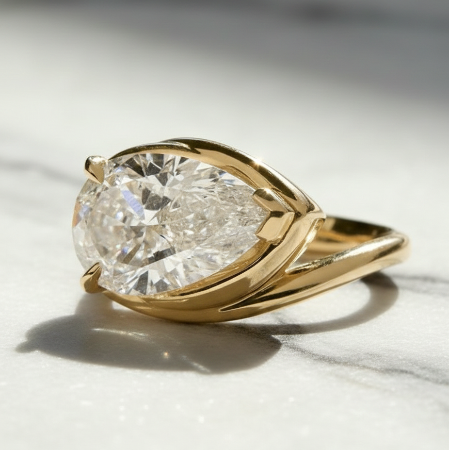 Unique Twist Bending Style Pear Engagement Ring | Lab Grown Diamond | 14K Yellow Gold