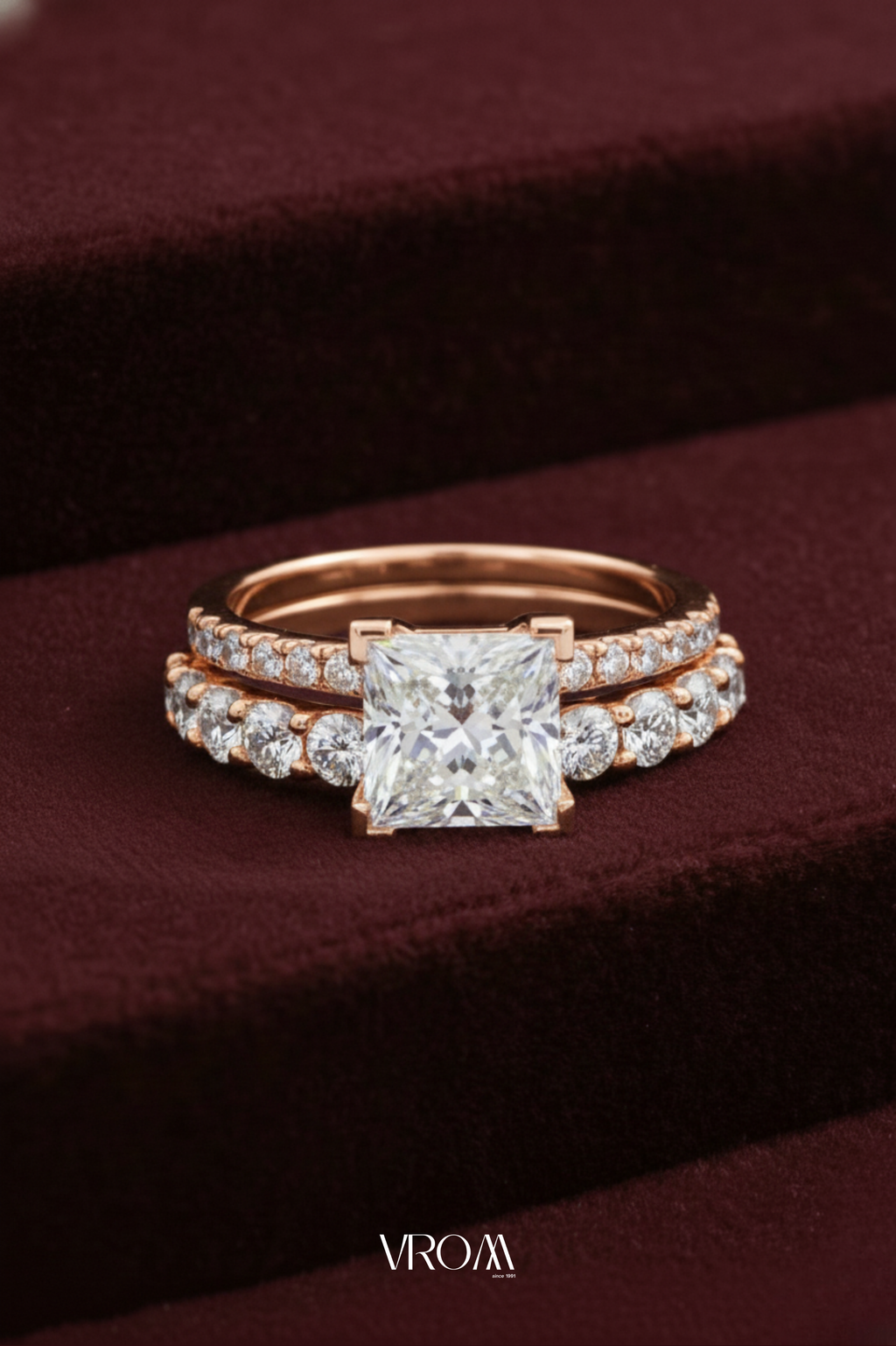Princess Cut Diamond Stackable Ring, Two Band Diamond Ring, Lab Grown Diamond Engagement Ring, Minimal Pave Band Ring, Gold Bridal Ring
