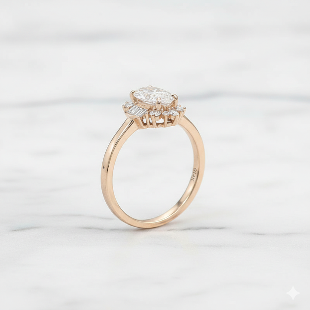 Art Deco Marquise Cut Ring with Tapered Baguette and Round Halo | Lab Grown Diamond | 14K Yellow Gold