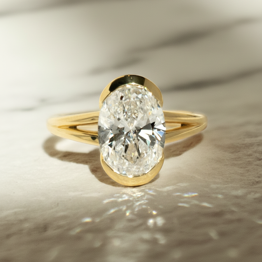 Minimal Oval Half Bezel Ring | Lab Grown Diamond | 14K Yellow Gold