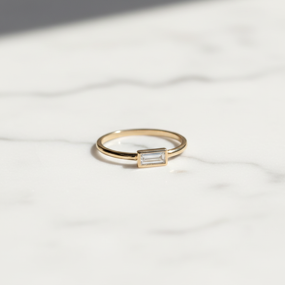 Minimalist Baguette East West Bezel Set Solitaire Ring | Lab Grown Diamond | 14K Yellow Gold