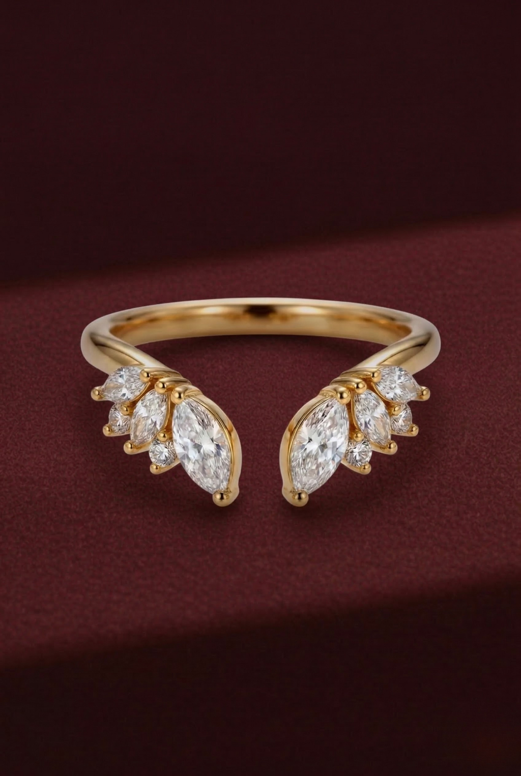 Open Cuff Diamond Stackable Band, Marquise and Round Diamond Band, Open Diamond Ring, Stackable Wedding Band, Gold Diamond Ring