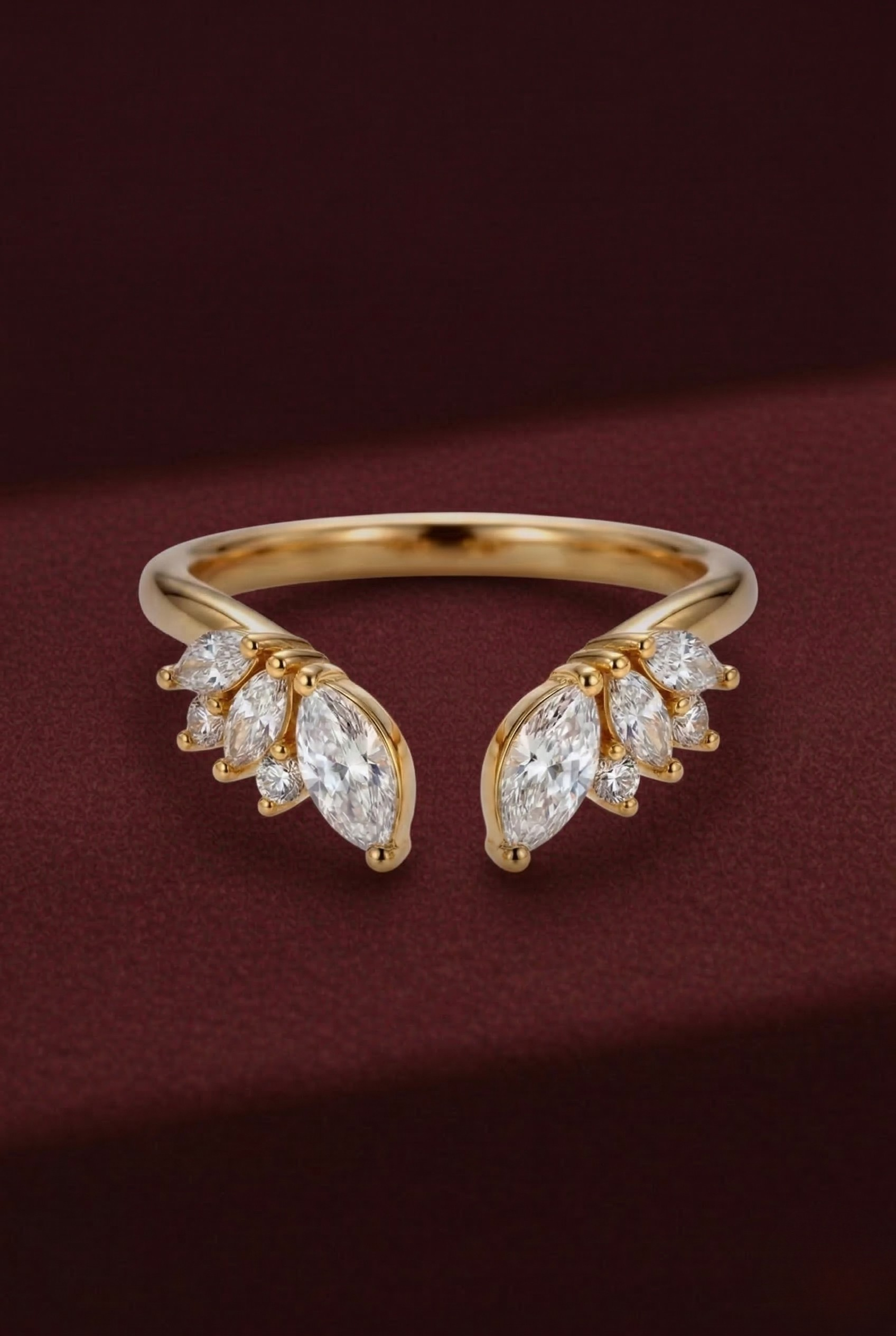 Open Cuff Diamond Stackable Band, Marquise and Round Diamond Band, Open Diamond Ring, Stackable Wedding Band, Gold Diamond Ring