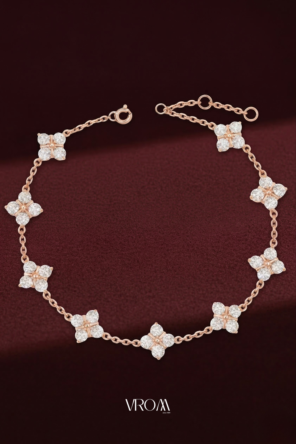 Diamond Clover Bracelet 1.80 CT, Four Leaf Clover Diamond Bracelet, Lucky Charm Bracelet, Floral Diamond Bracelet, Gold Chain Bracelet