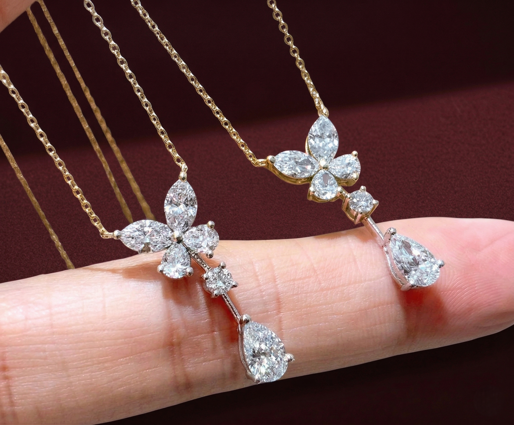Butterfly Teardrop Dangle Pendant Necklace | Lab Grown Diamond | 14K Yellow Gold