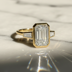 Modern Emerald and Tapered Baguette 3 Stone Bezel Engagement Ring | Lab Grown Diamond | 14K Yellow Gold