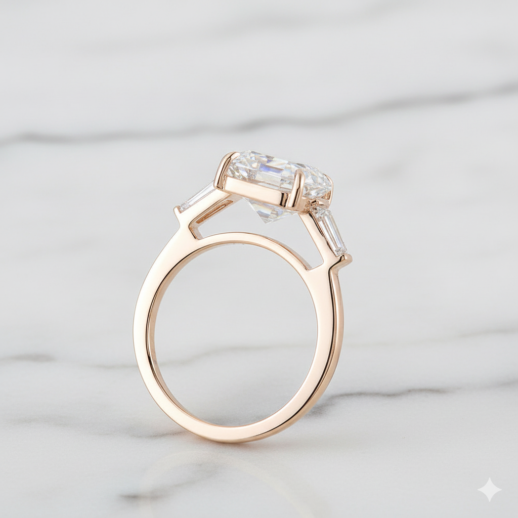 Art Deco Asscher Cut Ring with Tapered Baguette Side Stones | Lab Grown Diamond | 14K Yellow Gold