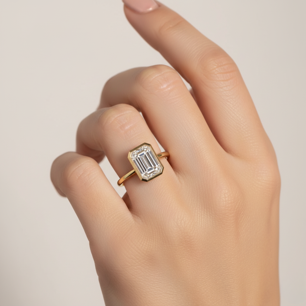 Emerald Cut Solitaire Ring Bezel Setting | Lab Grown Diamond | 14K Yellow Gold