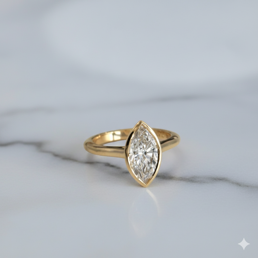 1.00 CT Lab Grown Marquise Diamond Ring: 14k Gold Bezel Solitaire