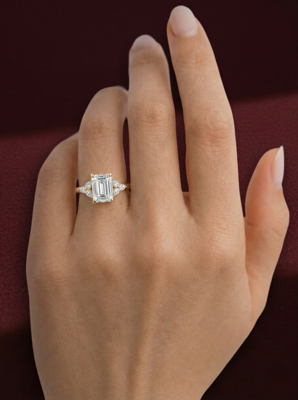 Emerald Diamond Engagement Ring 2.05 Carat, Emerald Cut Diamond Ring with Pear Side Diamonds, Gold Engagement Ring, Lab Diamond Ring