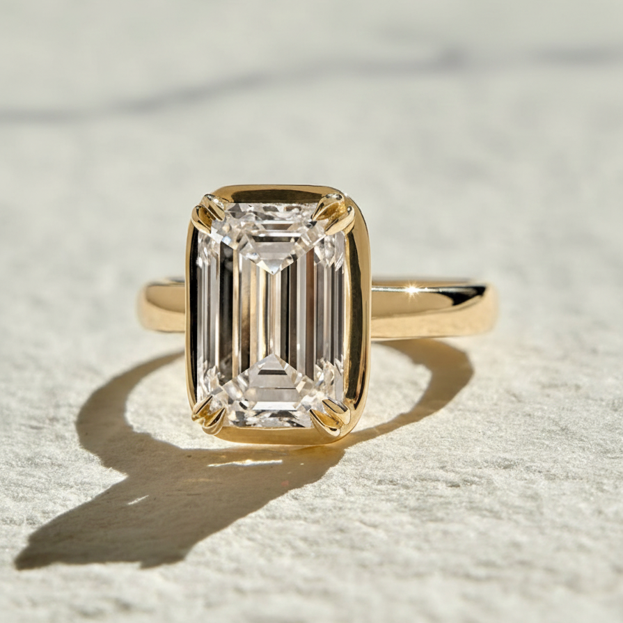 Modern Emerald Solitaire Bezel with 2 Prong Setting Engagement Ring | Lab Grown Diamond | 14K Yellow Gold