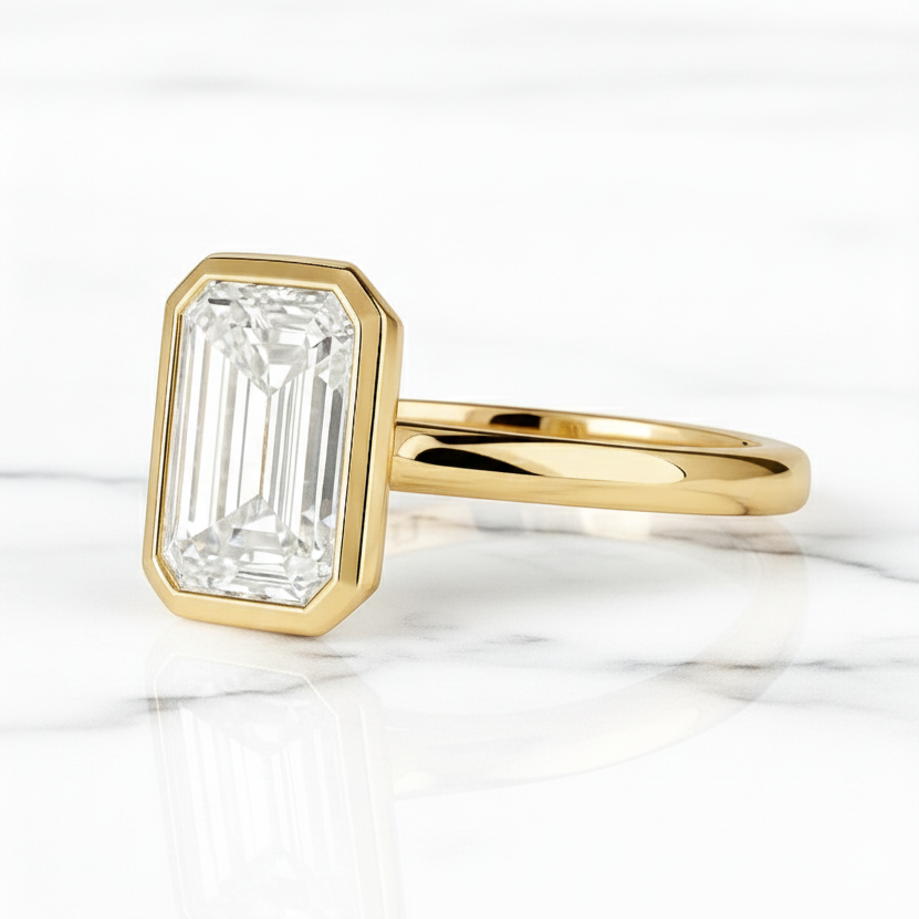 Emerald Cut Solitaire Ring Bezel Setting | Lab Grown Diamond | 14K Yellow Gold