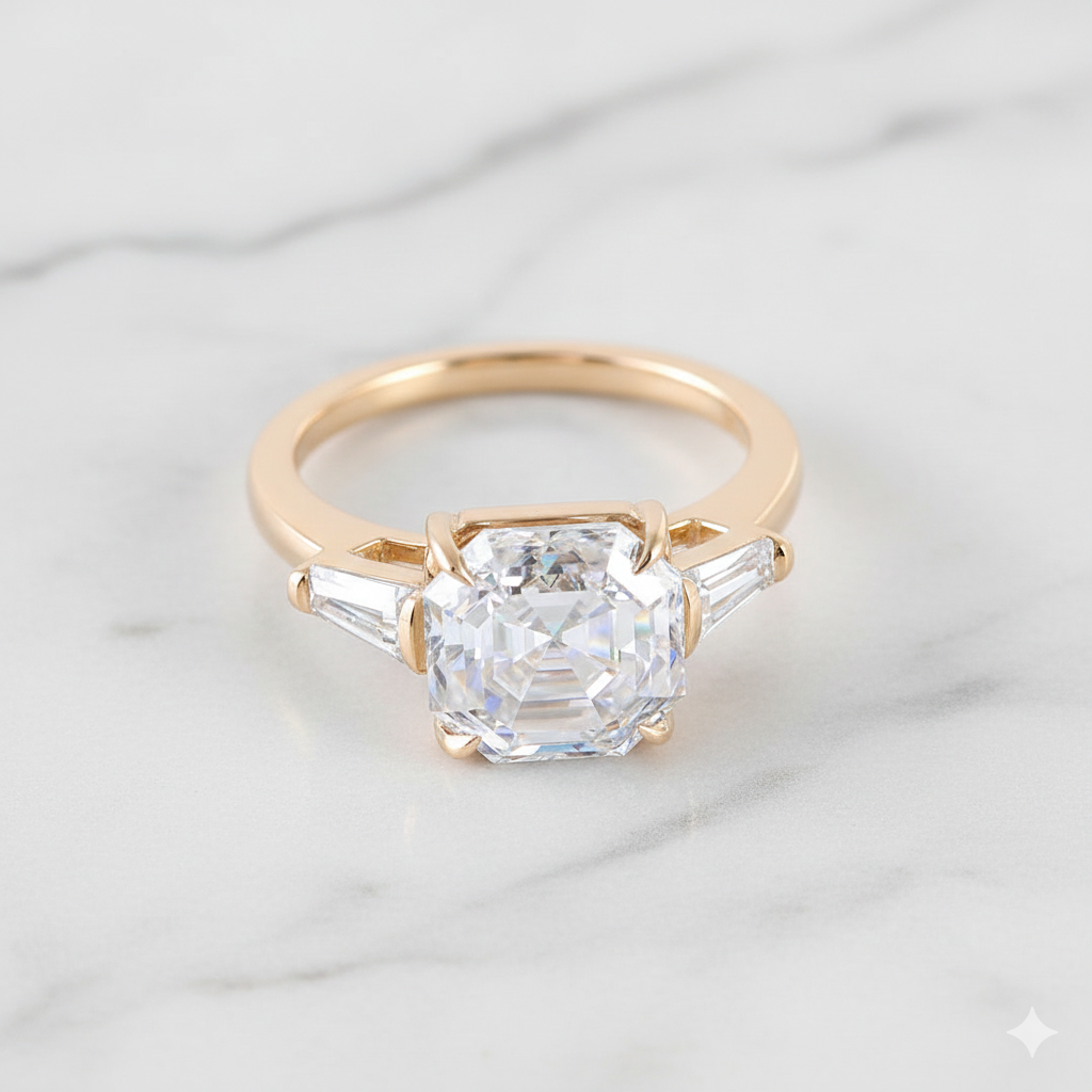 Art Deco Asscher Cut Ring with Tapered Baguette Side Stones | Lab Grown Diamond | 14K Yellow Gold