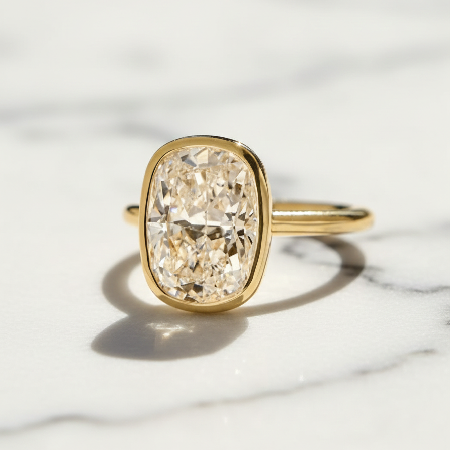Modern Cushion Bezel Solitaire Engagement Ring | Lab Grown Diamond | 14K Yellow Gold